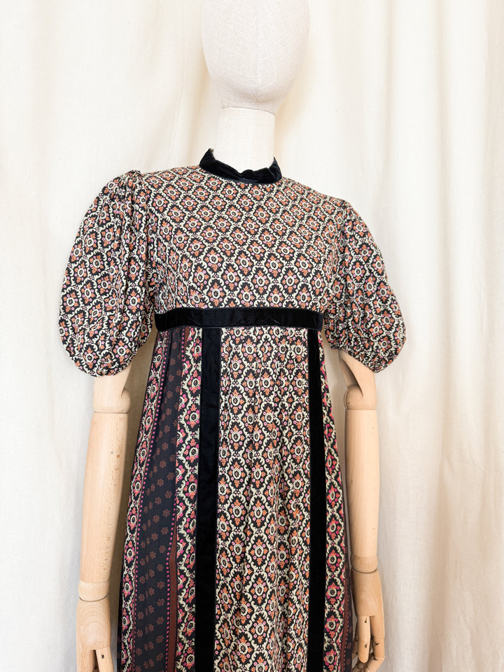 Gorgeous 70s Wool Blend Velvet Trimmed Maxi Dress