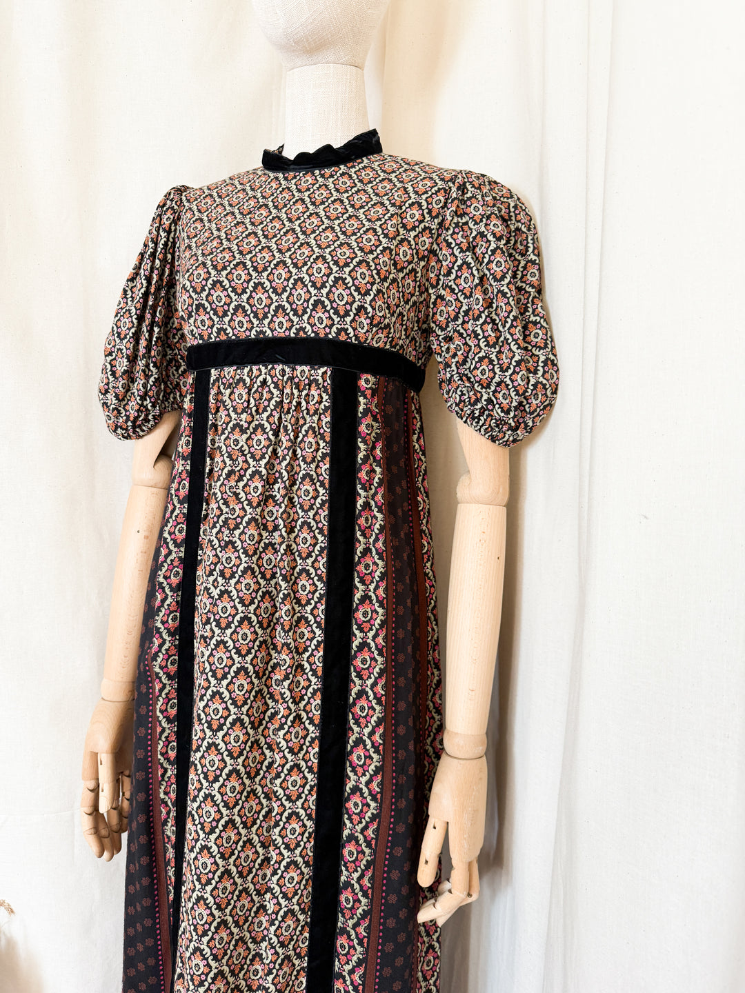 Gorgeous 70s Wool Blend Velvet Trimmed Maxi Dress