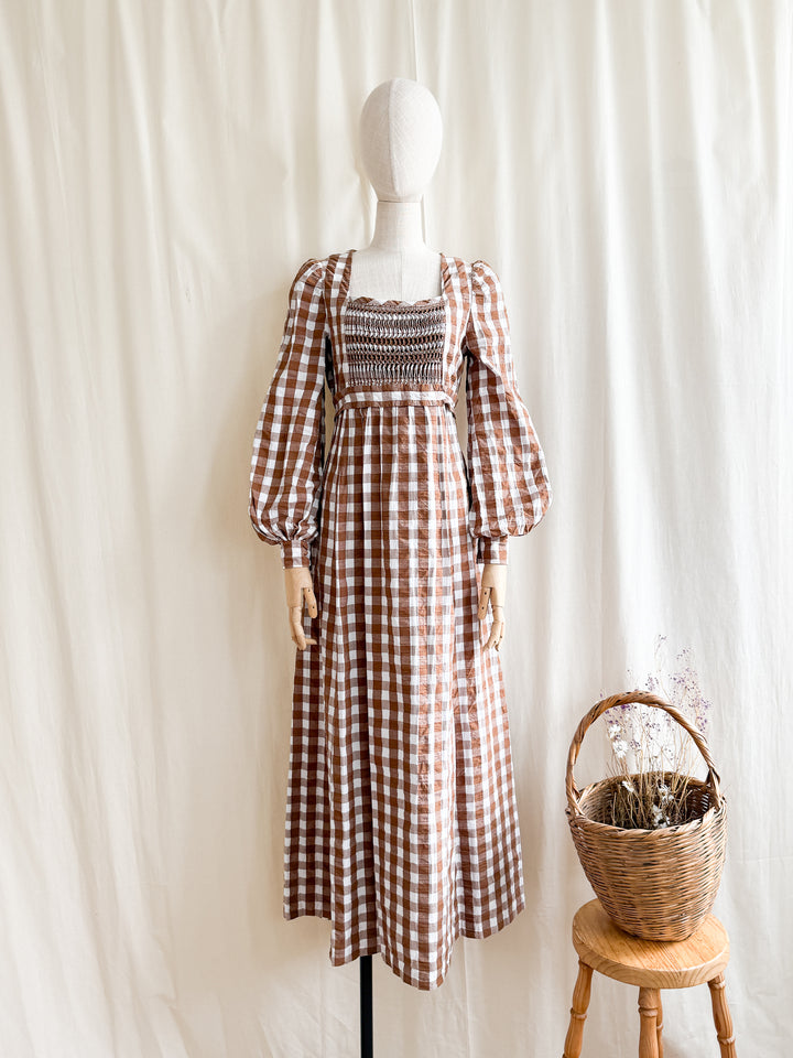 Incredible Rare 70s Smocked Brown Gingham Seersucker Cotton Maxi Dress