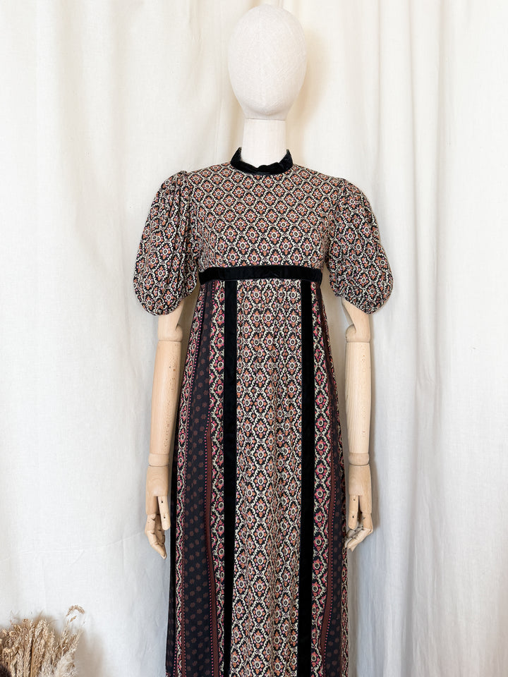 Gorgeous 70s Wool Blend Velvet Trimmed Maxi Dress