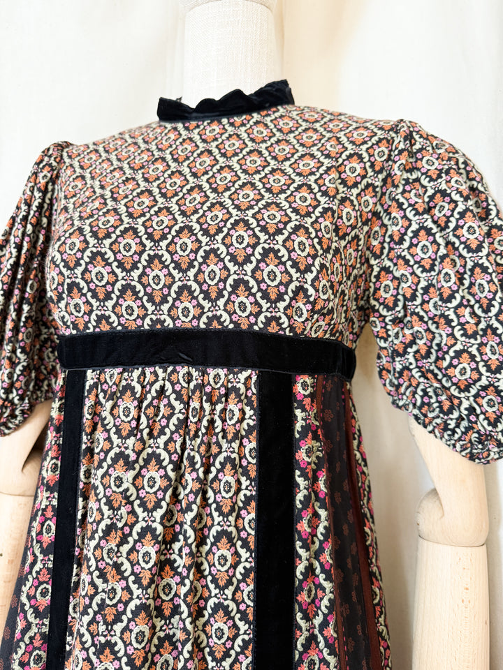 Gorgeous 70s Wool Blend Velvet Trimmed Maxi Dress