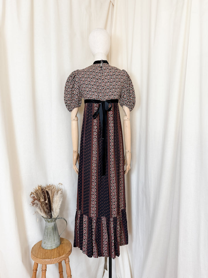 Gorgeous 70s Wool Blend Velvet Trimmed Maxi Dress