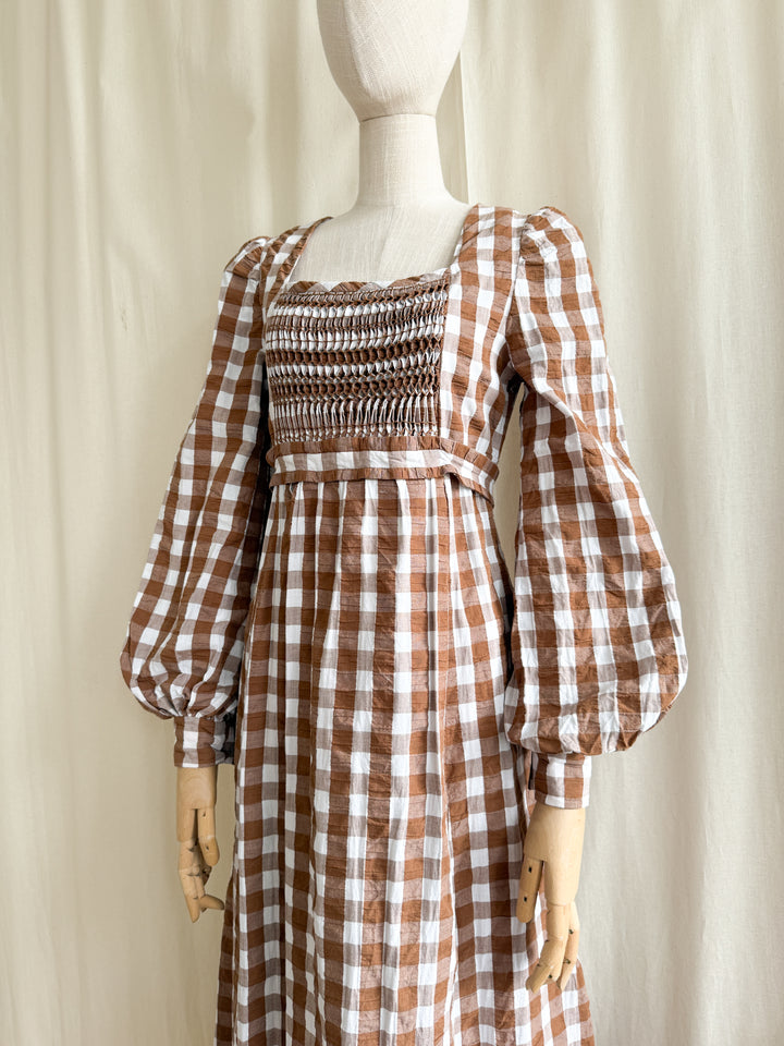 Incredible Rare 70s Smocked Brown Gingham Seersucker Cotton Maxi Dress