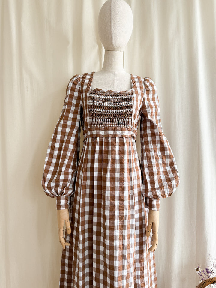 Incredible Rare 70s Smocked Brown Gingham Seersucker Cotton Maxi Dress