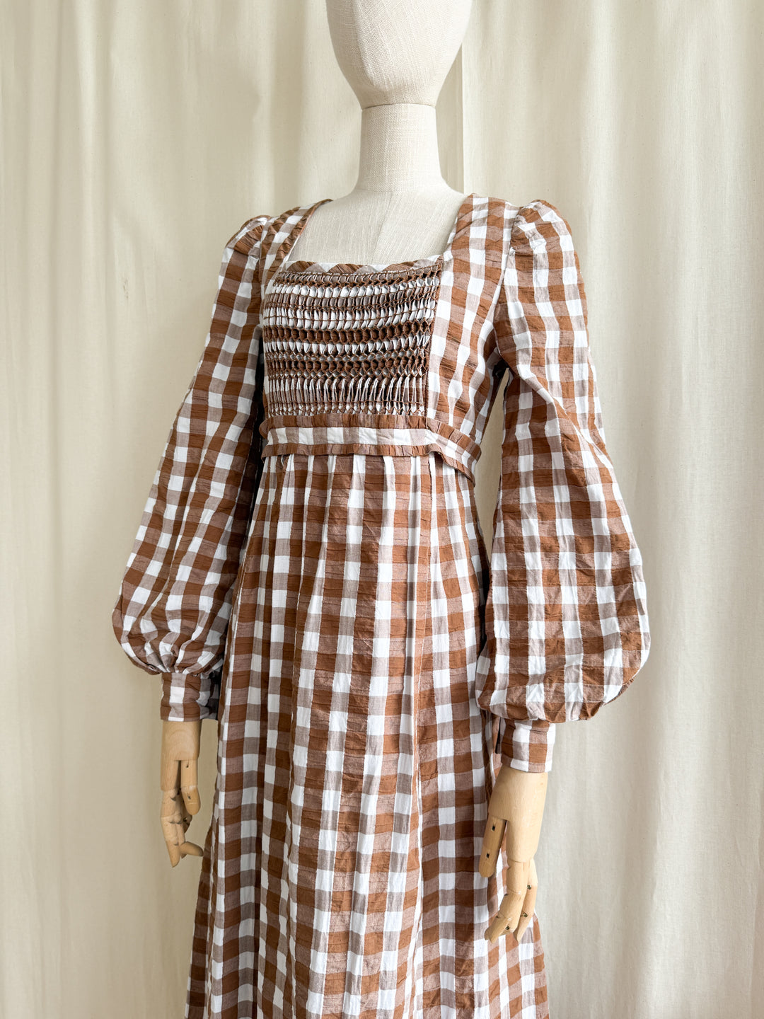 Incredible Rare 70s Smocked Brown Gingham Seersucker Cotton Maxi Dress