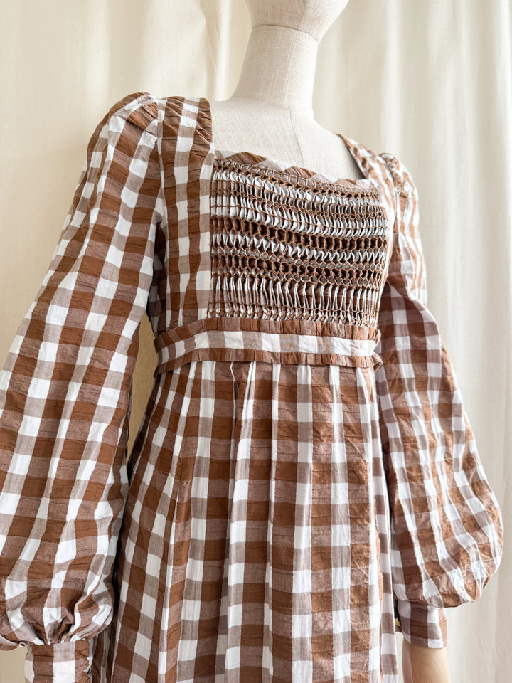 Incredible Rare 70s Smocked Brown Gingham Seersucker Cotton Maxi Dress