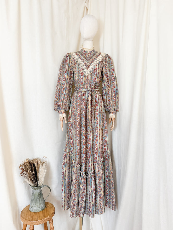 Beautiful 70s Fine Wool Lace Trimmed Maxi Dress