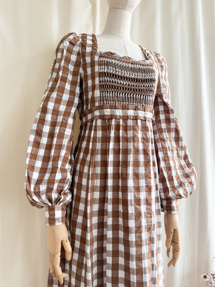 Incredible Rare 70s Smocked Brown Gingham Seersucker Cotton Maxi Dress