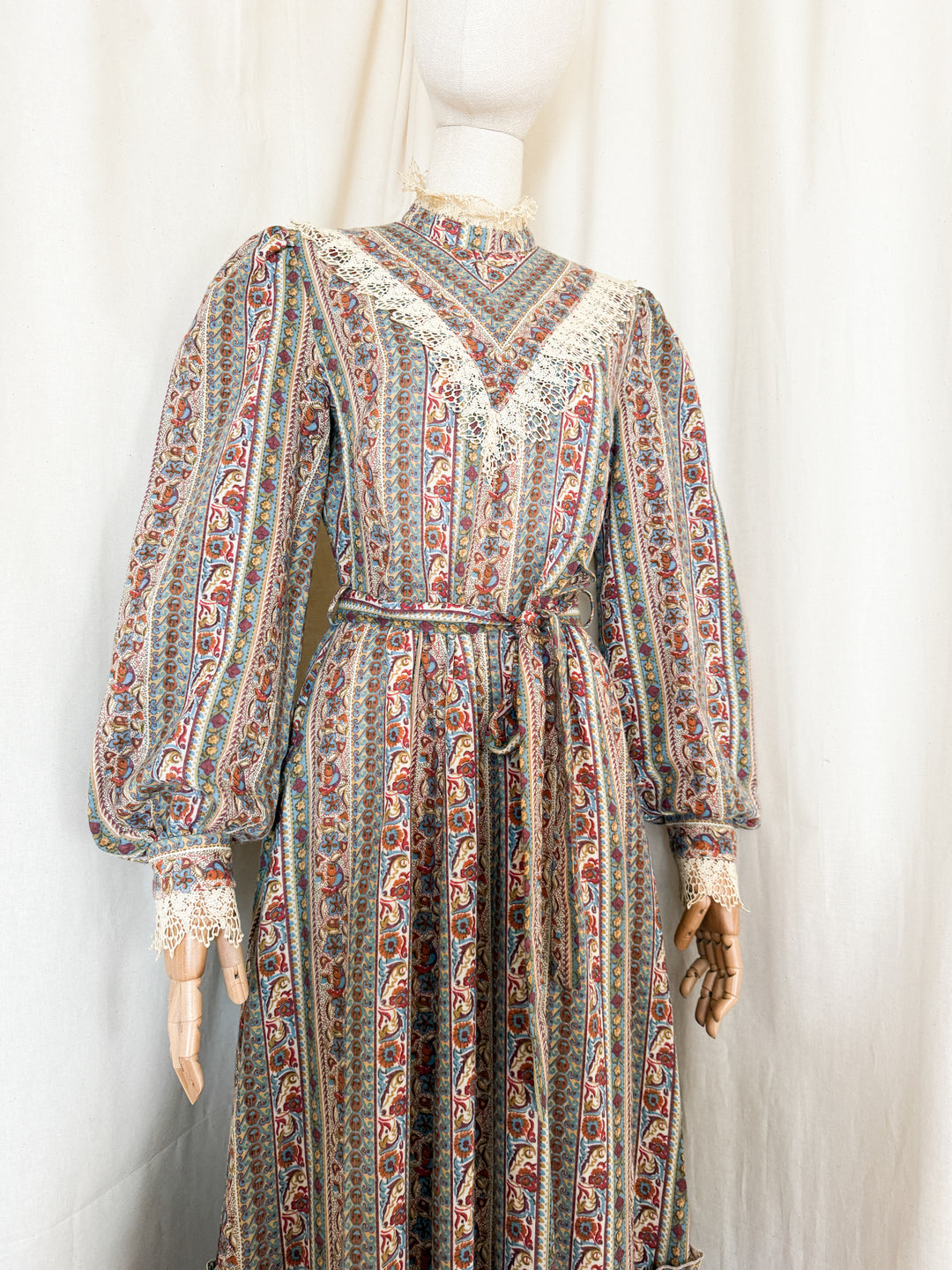 Beautiful 70s Fine Wool Lace Trimmed Maxi Dress