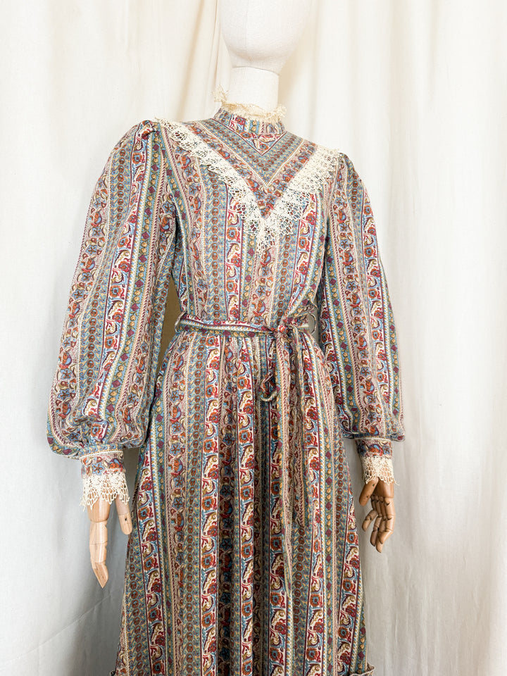 Beautiful 70s Fine Wool Lace Trimmed Maxi Dress