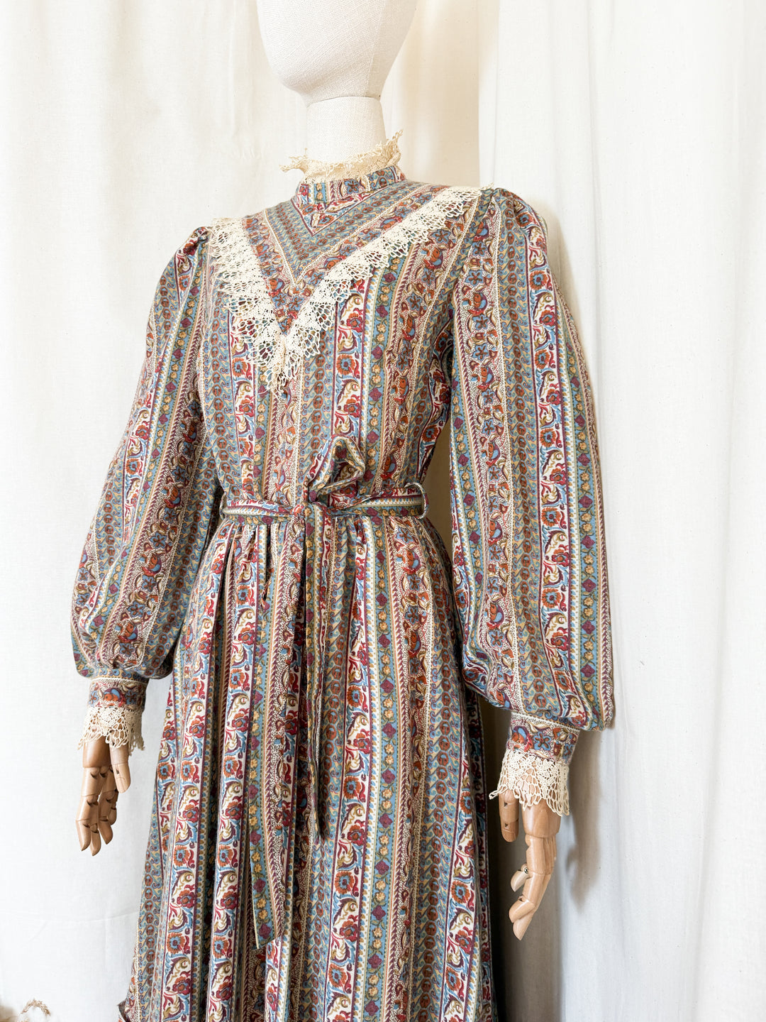 Beautiful 70s Fine Wool Lace Trimmed Maxi Dress
