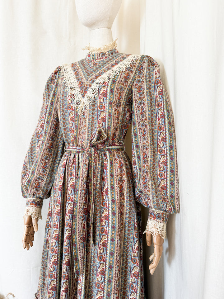 Beautiful 70s Fine Wool Lace Trimmed Maxi Dress