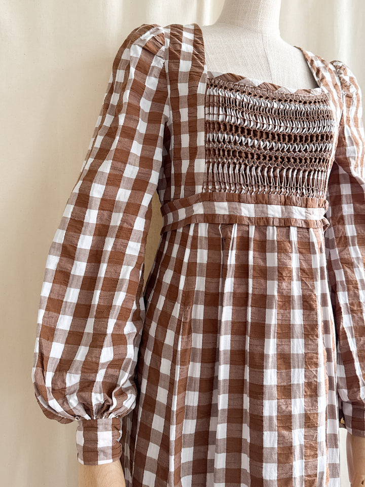 Incredible Rare 70s Smocked Brown Gingham Seersucker Cotton Maxi Dress