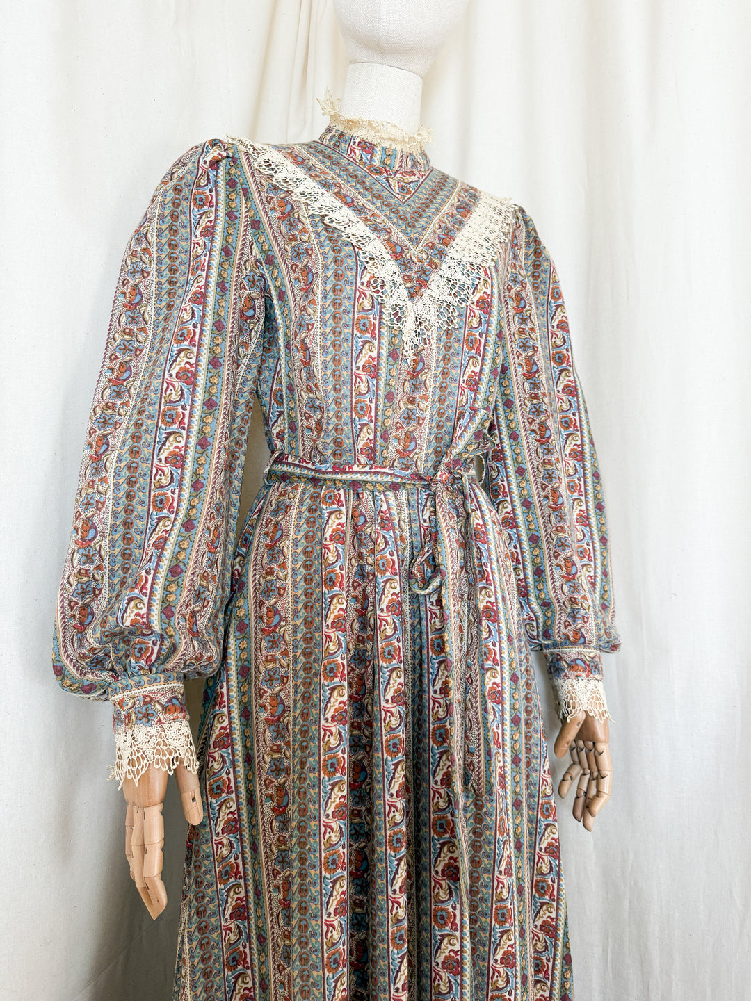 Beautiful 70s Fine Wool Lace Trimmed Maxi Dress