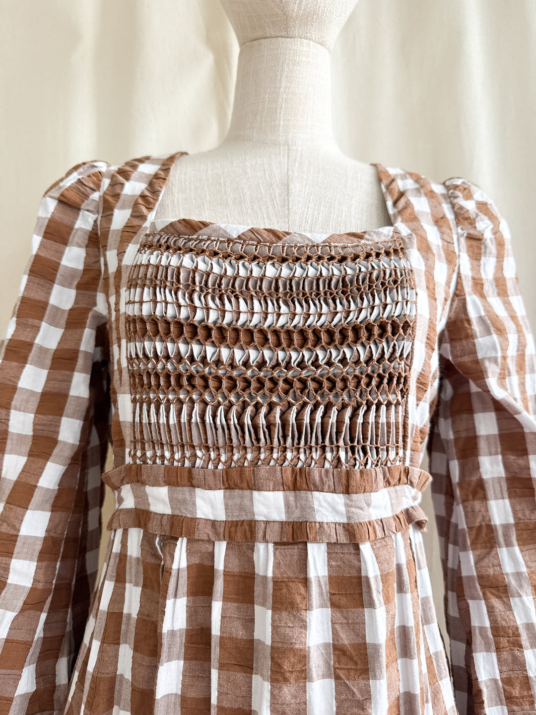 Incredible Rare 70s Smocked Brown Gingham Seersucker Cotton Maxi Dress