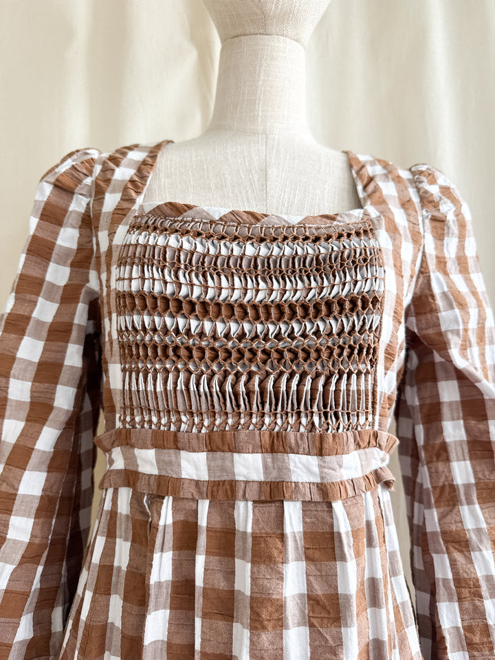 Incredible Rare 70s Smocked Brown Gingham Seersucker Cotton Maxi Dress