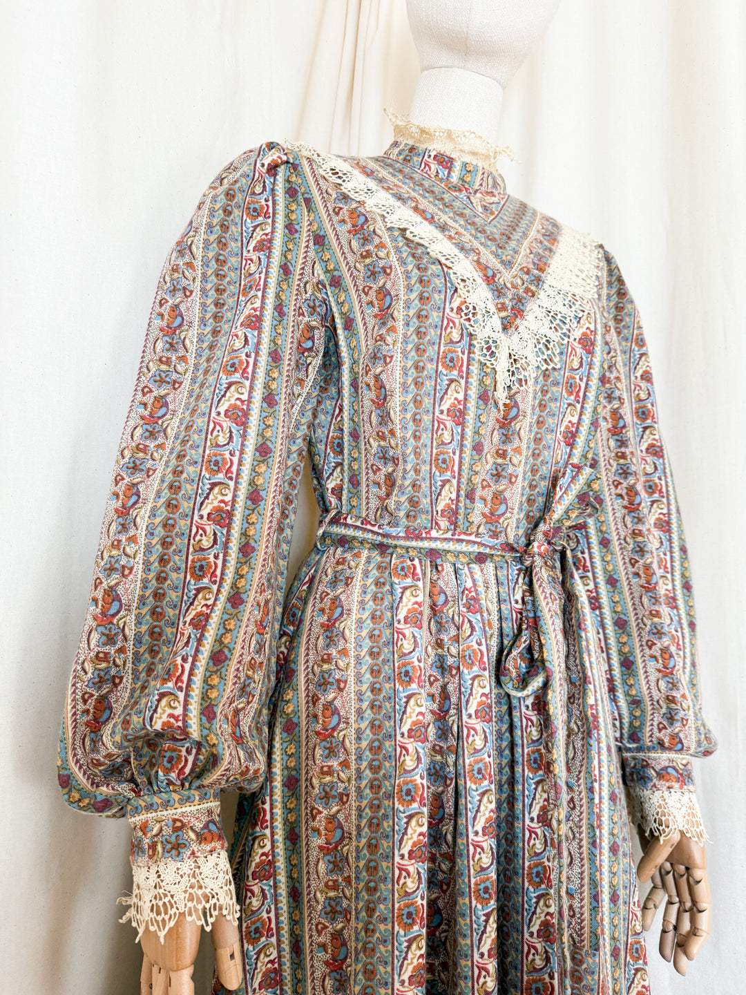 Beautiful 70s Fine Wool Lace Trimmed Maxi Dress