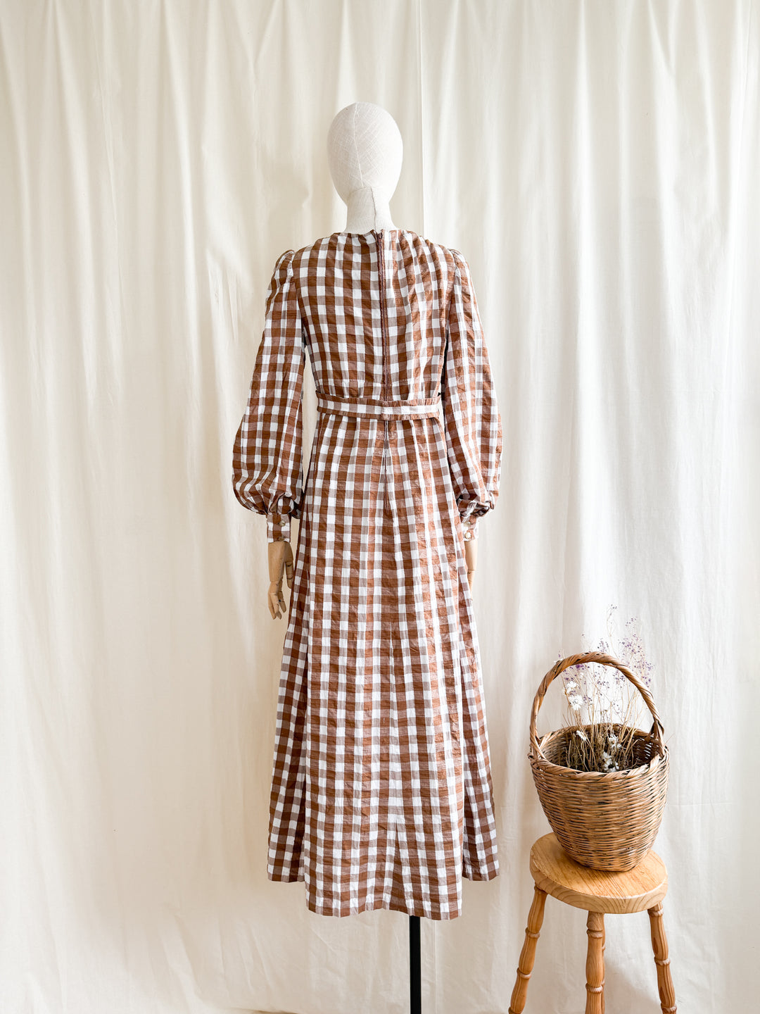 Incredible Rare 70s Smocked Brown Gingham Seersucker Cotton Maxi Dress