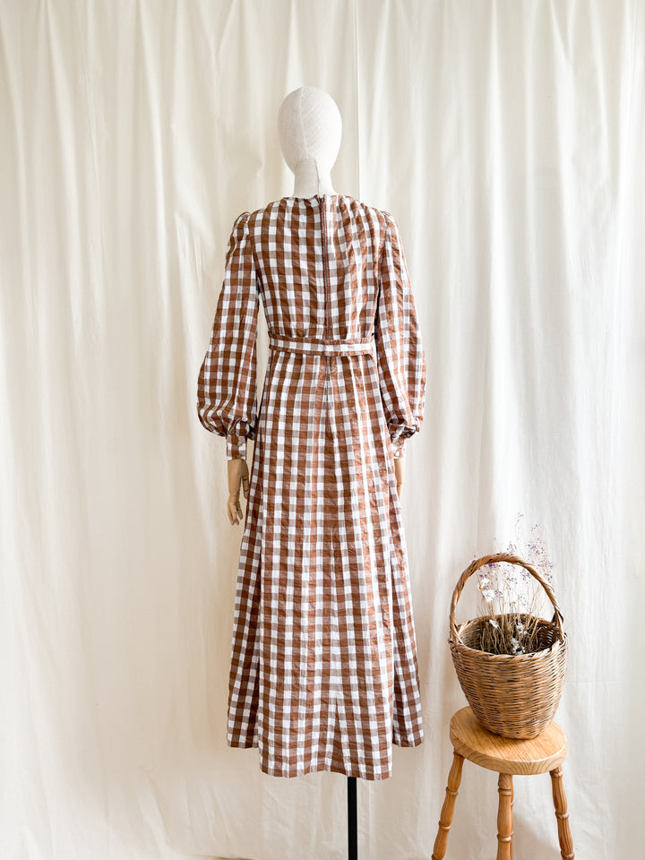 Incredible Rare 70s Smocked Brown Gingham Seersucker Cotton Maxi Dress