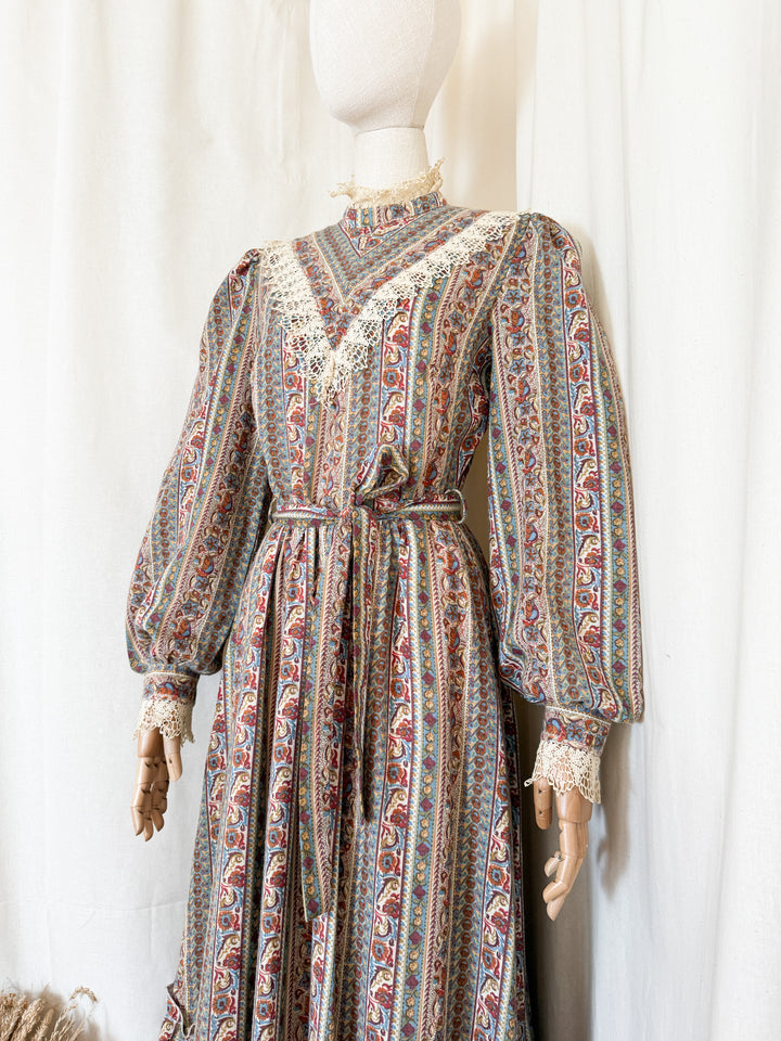 Beautiful 70s Fine Wool Lace Trimmed Maxi Dress