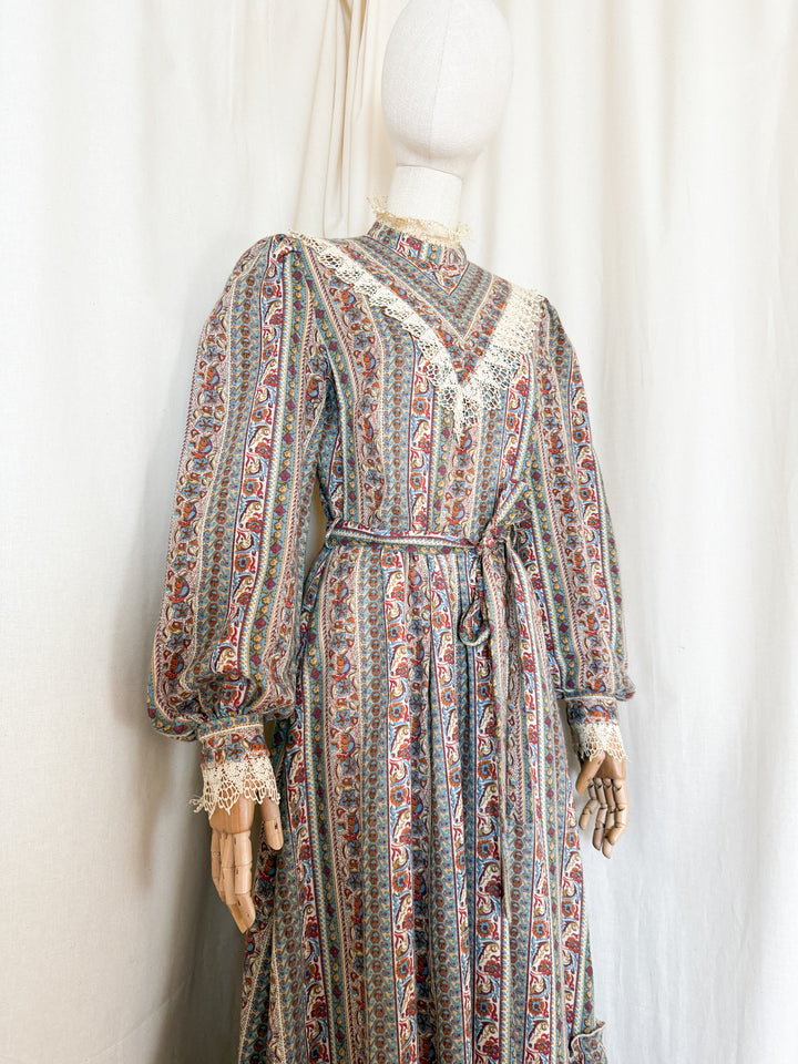 Beautiful 70s Fine Wool Lace Trimmed Maxi Dress
