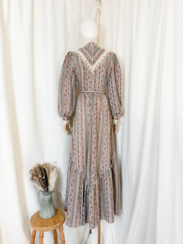Beautiful 70s Fine Wool Lace Trimmed Maxi Dress
