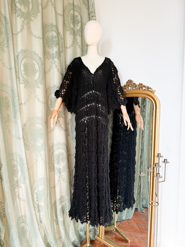 SPIDERWEB ~ HOLY GRAIL RARE 1970S BLACK CROCHET MAXI DRESS