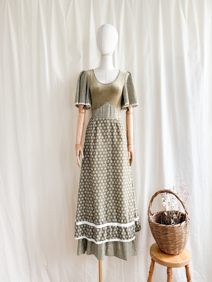 Dreamy Rare 70s Velour and Cotton Layered Bohemian Maxi Dress