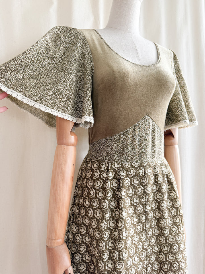 Dreamy Rare 70s Velour and Cotton Layered Bohemian Maxi Dress