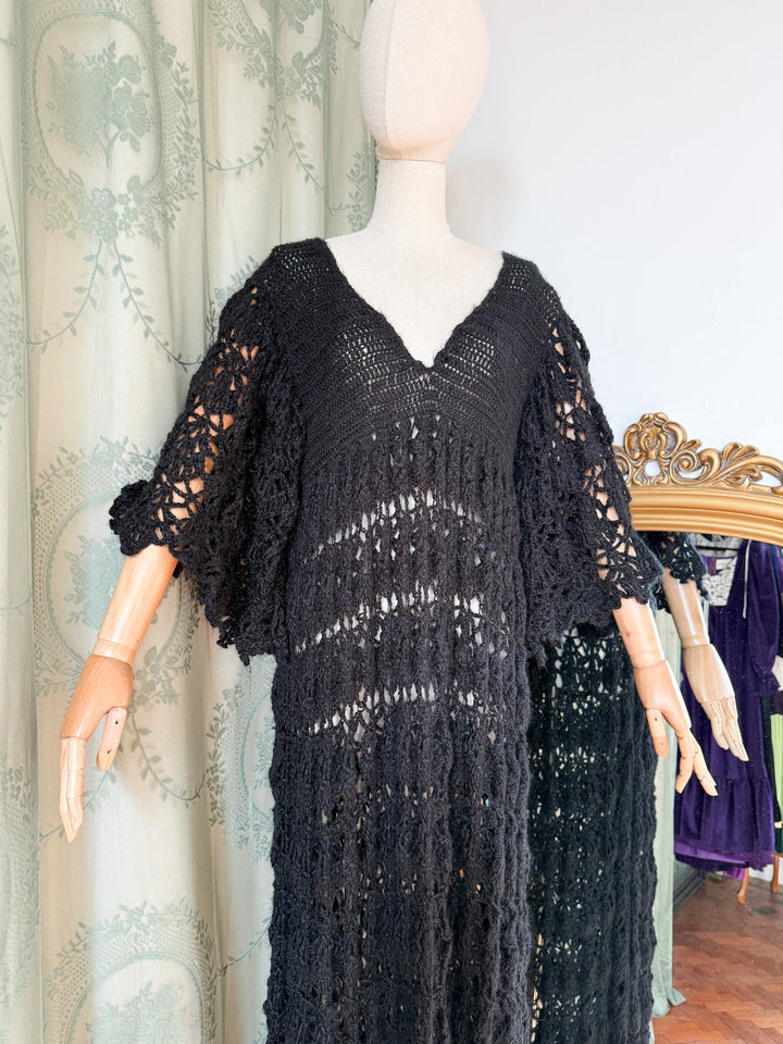SPIDERWEB ~ HOLY GRAIL RARE 1970S BLACK CROCHET MAXI DRESS