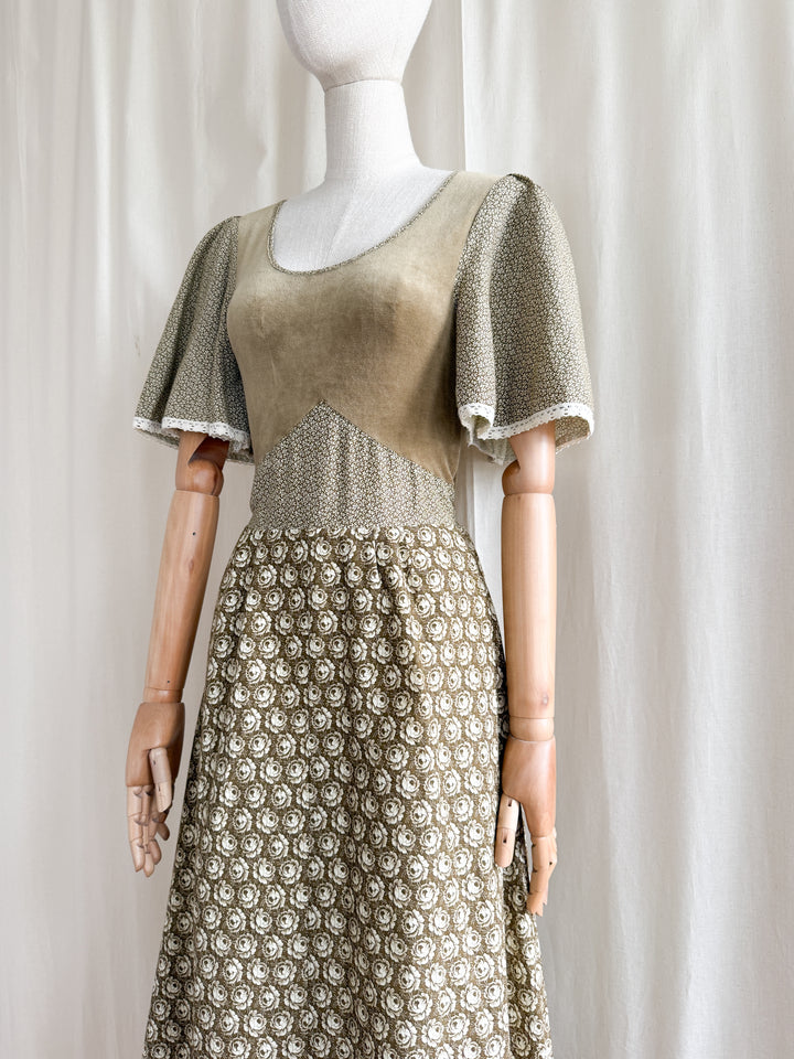 Dreamy Rare 70s Velour and Cotton Layered Bohemian Maxi Dress
