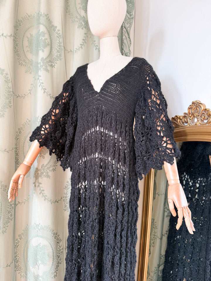 SPIDERWEB ~ HOLY GRAIL RARE 1970S BLACK CROCHET MAXI DRESS