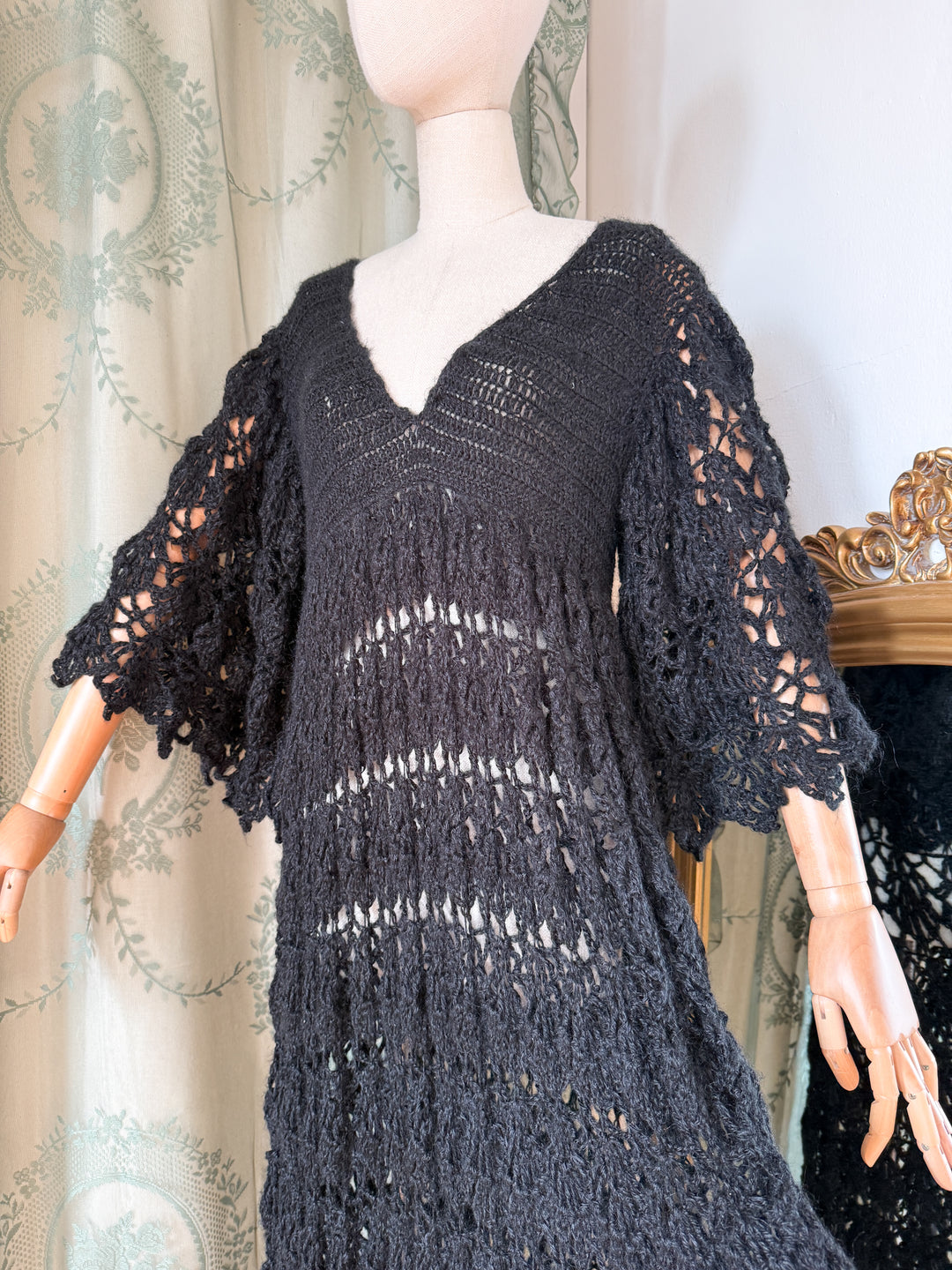 SPIDERWEB ~ HOLY GRAIL RARE 1970S BLACK CROCHET MAXI DRESS