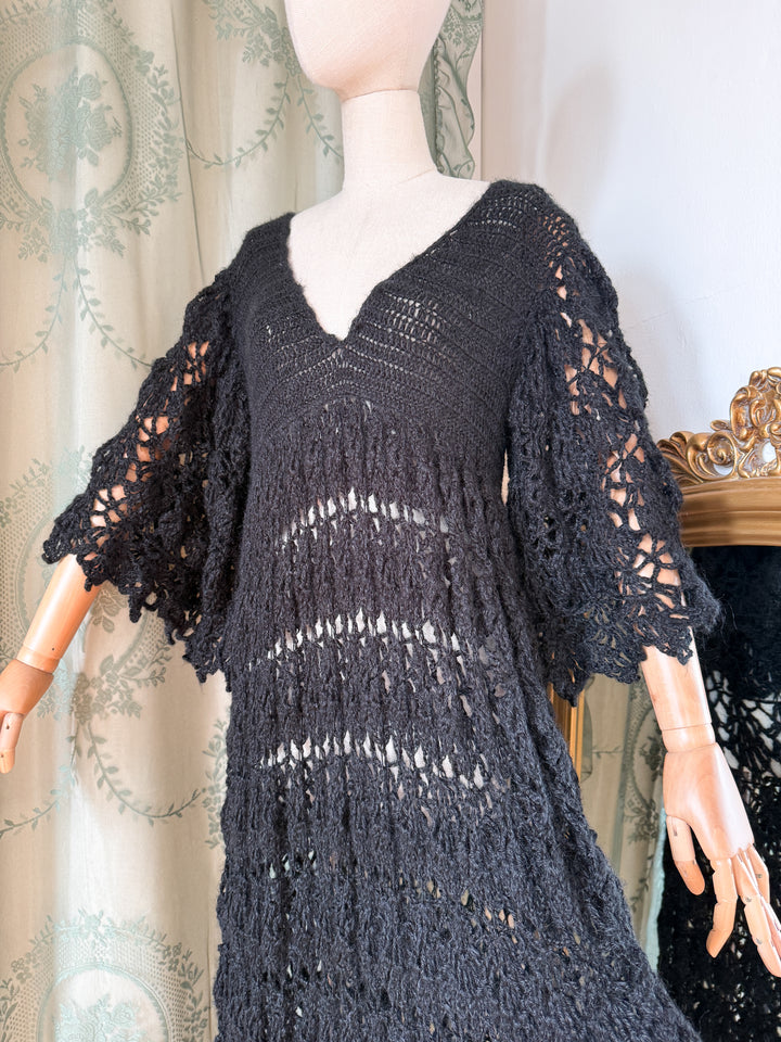 SPIDERWEB ~ HOLY GRAIL RARE 1970S BLACK CROCHET MAXI DRESS
