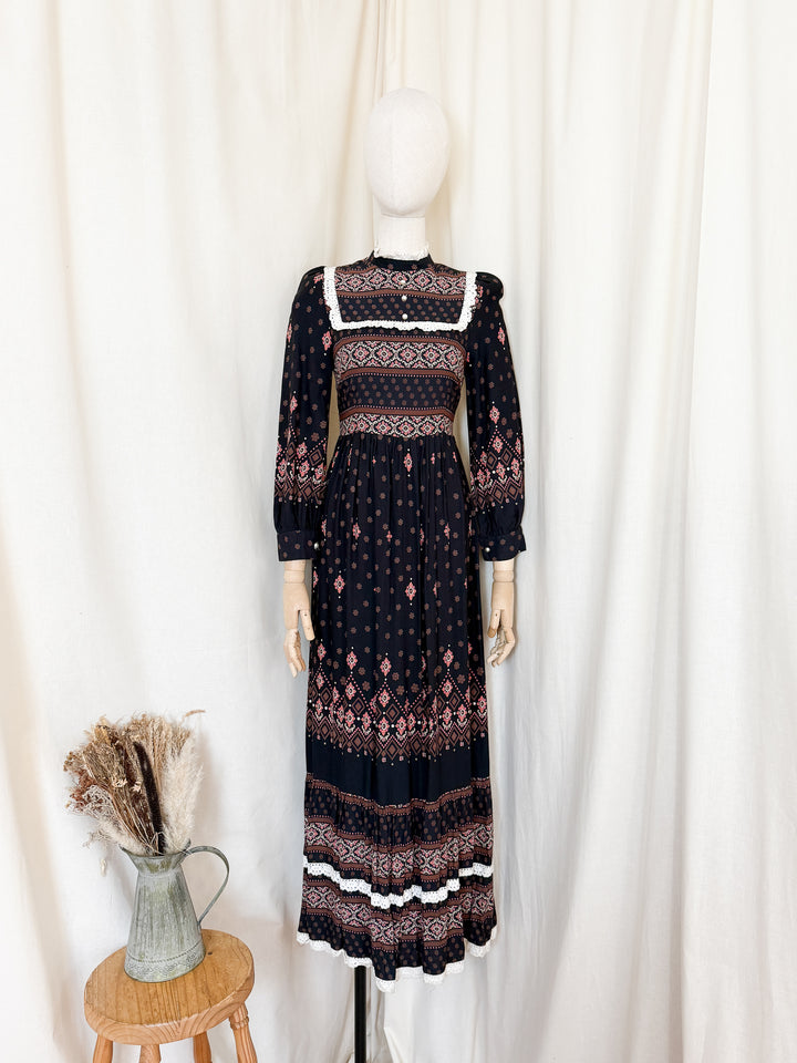 Magical 70s Wool Blend Black Floral Maxi Dress