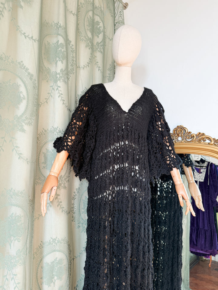 SPIDERWEB ~ HOLY GRAIL RARE 1970S BLACK CROCHET MAXI DRESS
