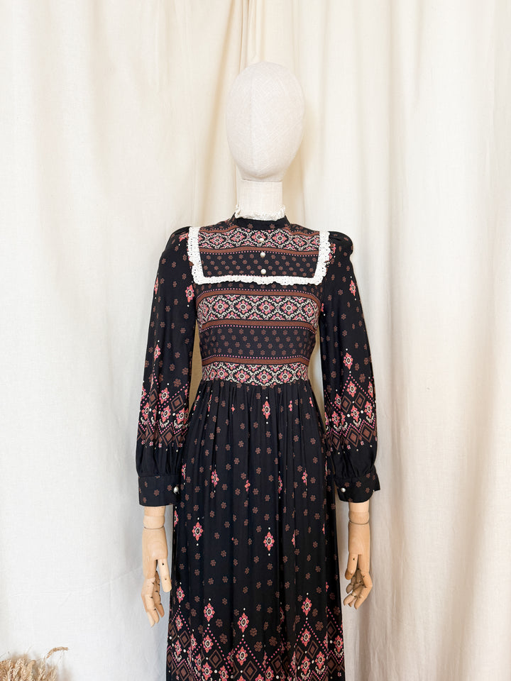 Magical 70s Wool Blend Black Floral Maxi Dress