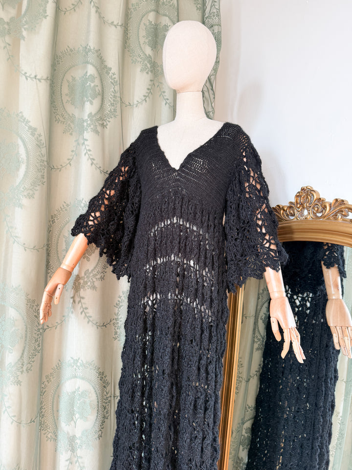 SPIDERWEB ~ HOLY GRAIL RARE 1970S BLACK CROCHET MAXI DRESS