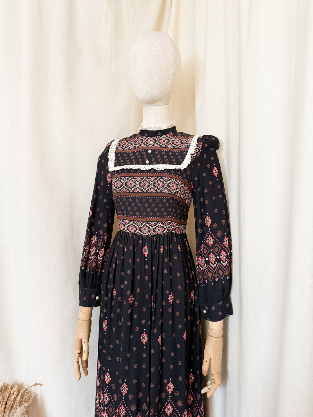 Magical 70s Wool Blend Black Floral Maxi Dress