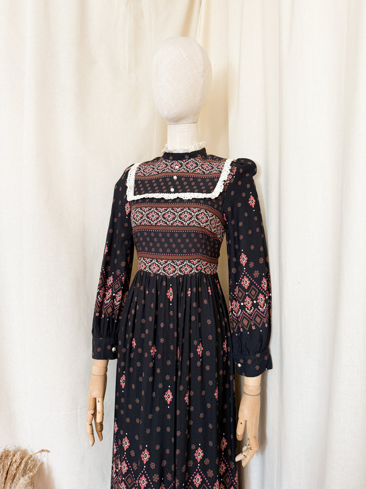 Magical 70s Wool Blend Black Floral Maxi Dress