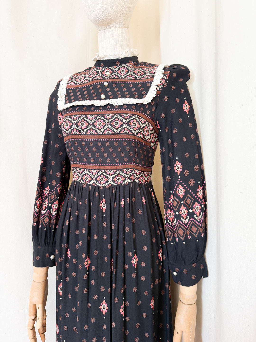 Magical 70s Wool Blend Black Floral Maxi Dress