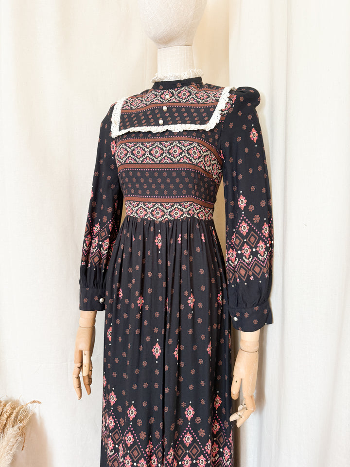 Magical 70s Wool Blend Black Floral Maxi Dress