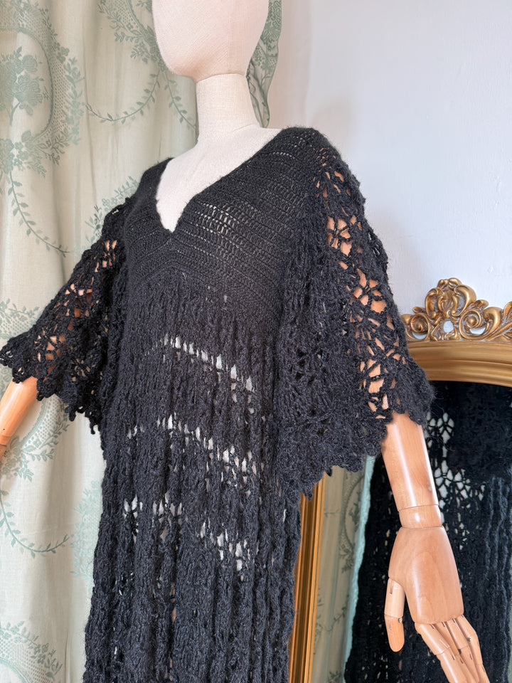 SPIDERWEB ~ HOLY GRAIL RARE 1970S BLACK CROCHET MAXI DRESS