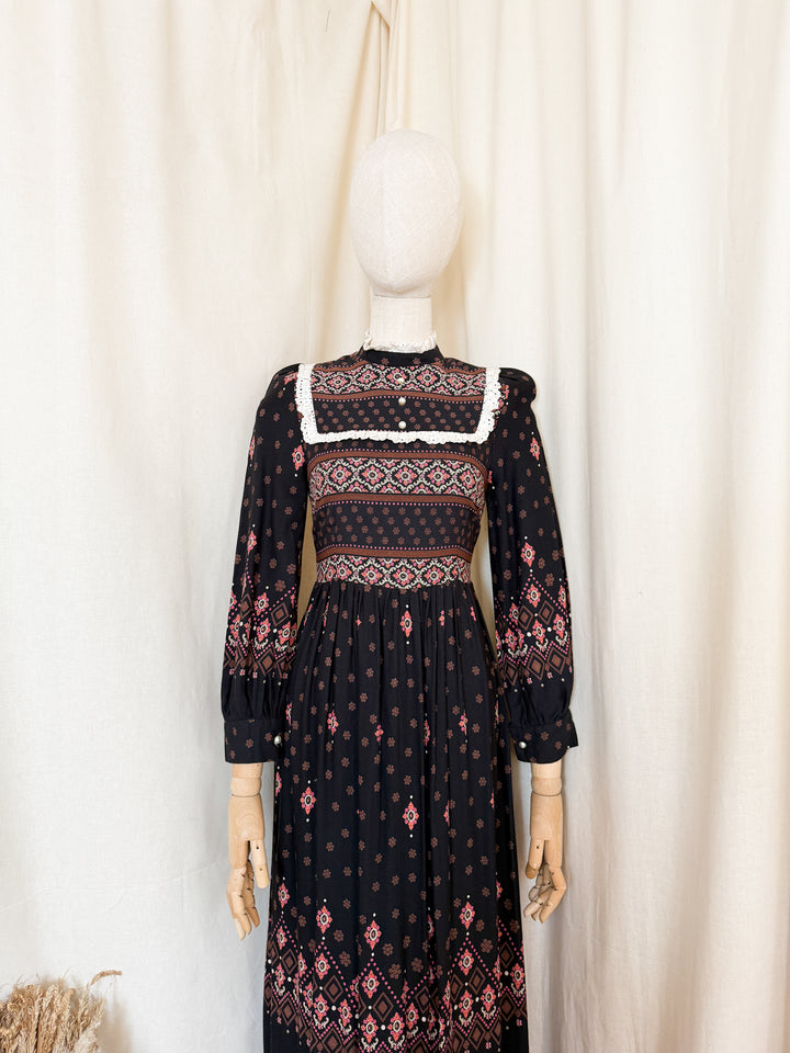 Magical 70s Wool Blend Black Floral Maxi Dress
