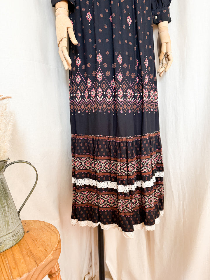 Magical 70s Wool Blend Black Floral Maxi Dress