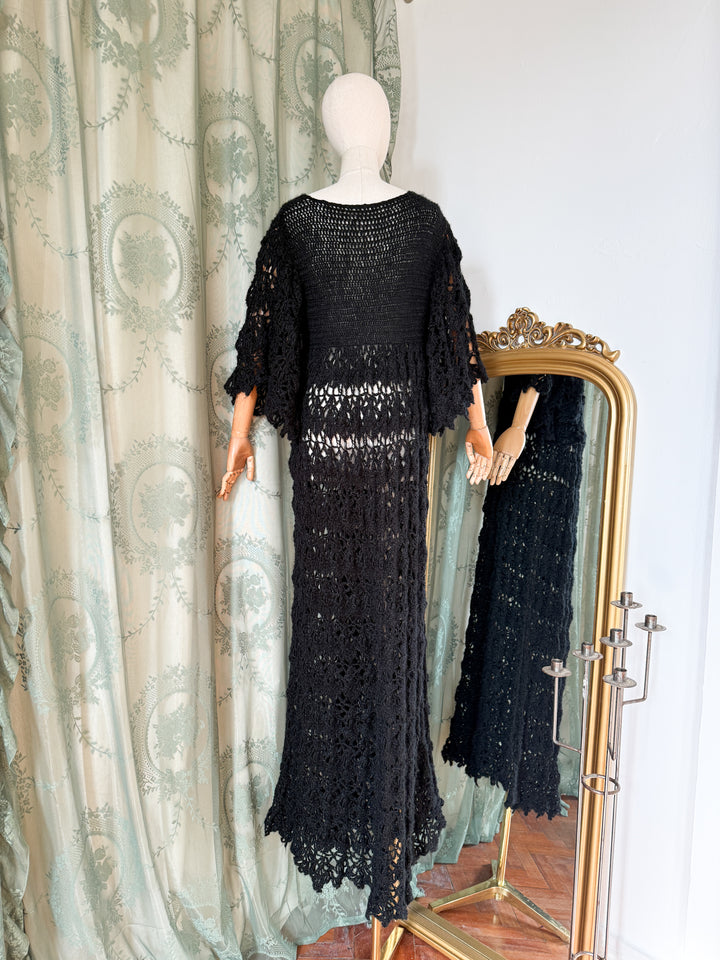 SPIDERWEB ~ HOLY GRAIL RARE 1970S BLACK CROCHET MAXI DRESS
