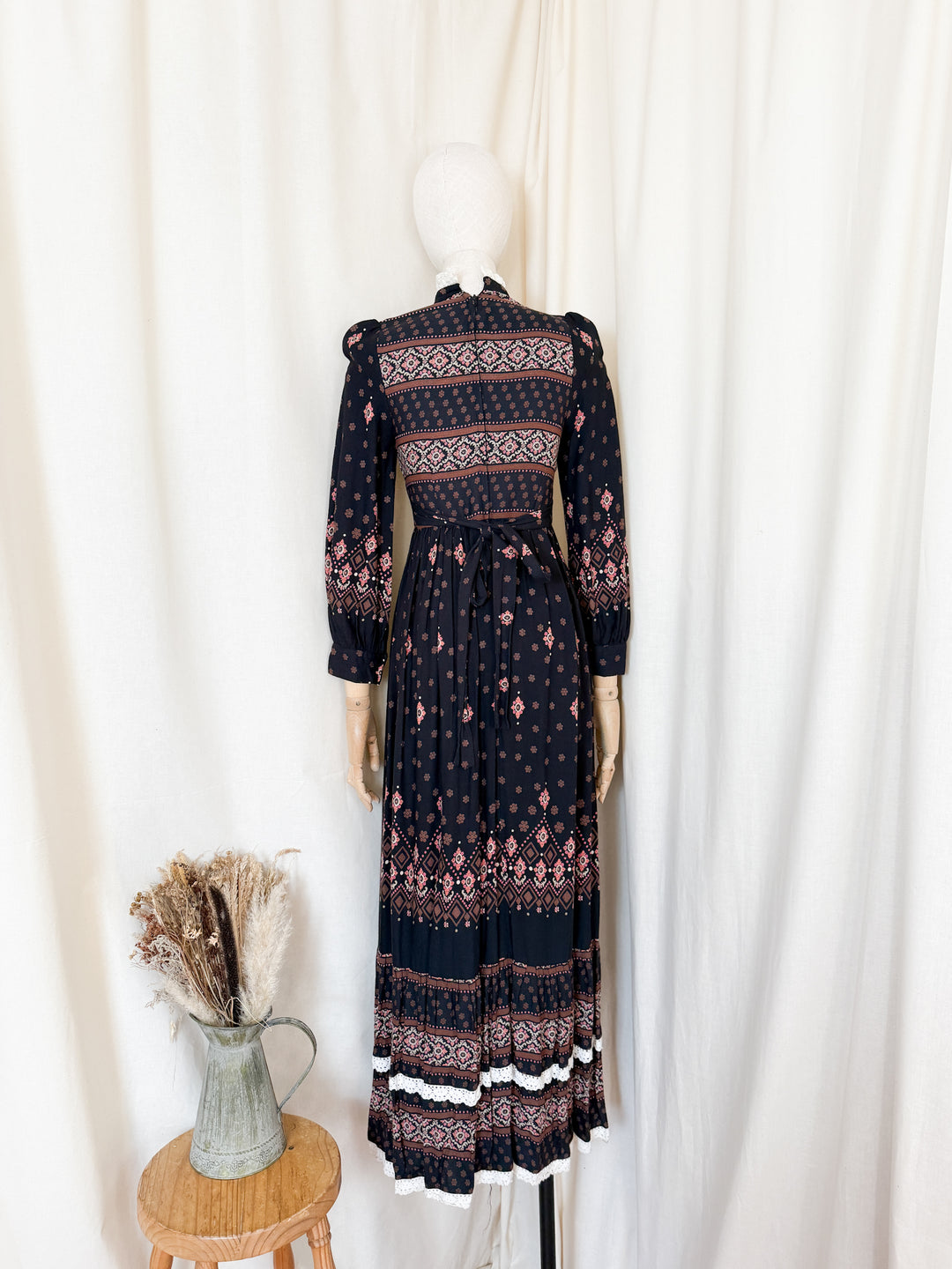 Magical 70s Wool Blend Black Floral Maxi Dress