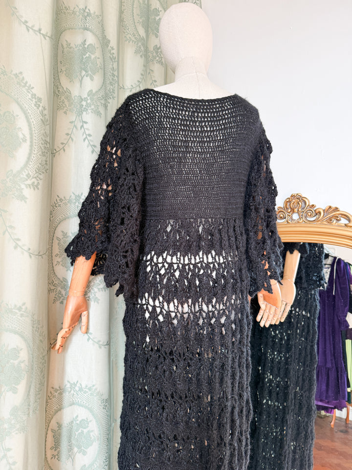 SPIDERWEB ~ HOLY GRAIL RARE 1970S BLACK CROCHET MAXI DRESS