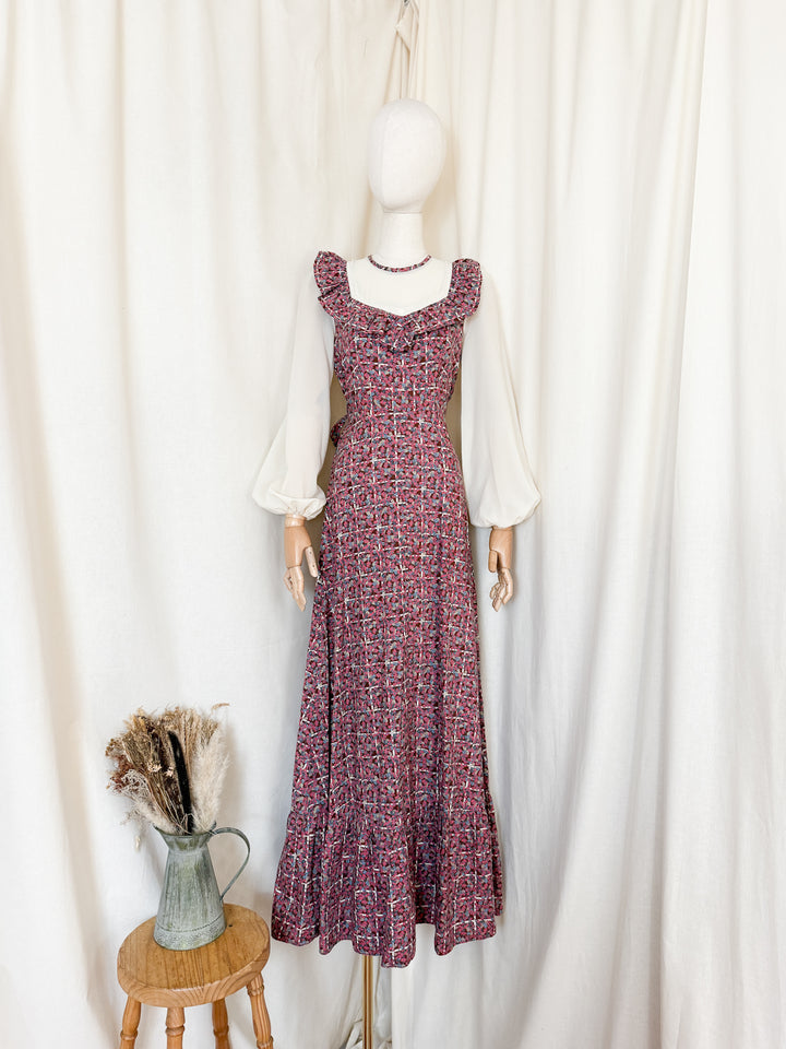 Adorable 70s Cotton Berry Hued Floral Maxi Dress