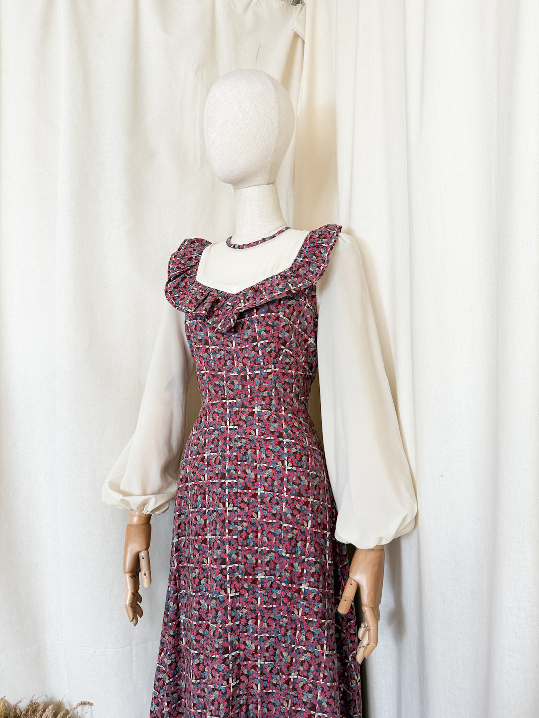 Adorable 70s Cotton Berry Hued Floral Maxi Dress